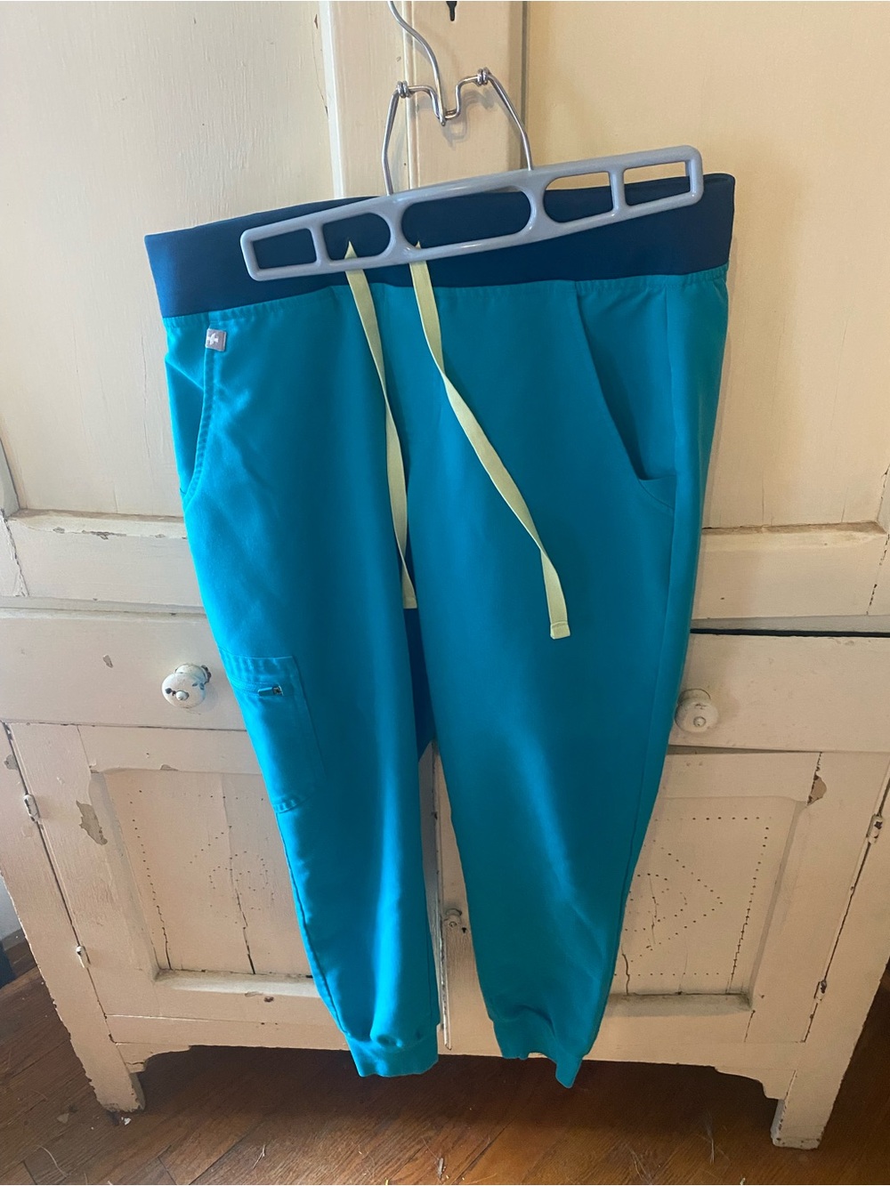 Figs Teal Jogger Pants with Navy Waistband and Yellow Drawstring